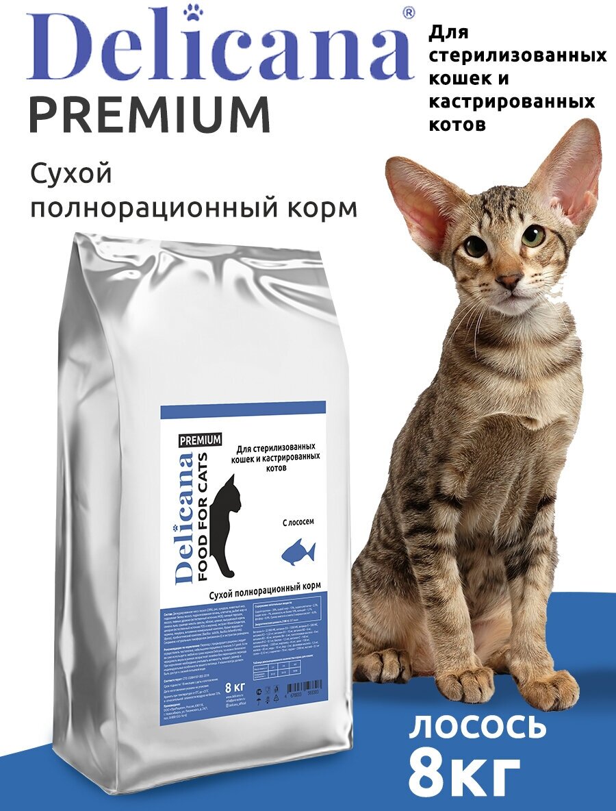 DELICANA Корм сухой для стерилизованных кошек / кастрированных котов Лосось 8 кг