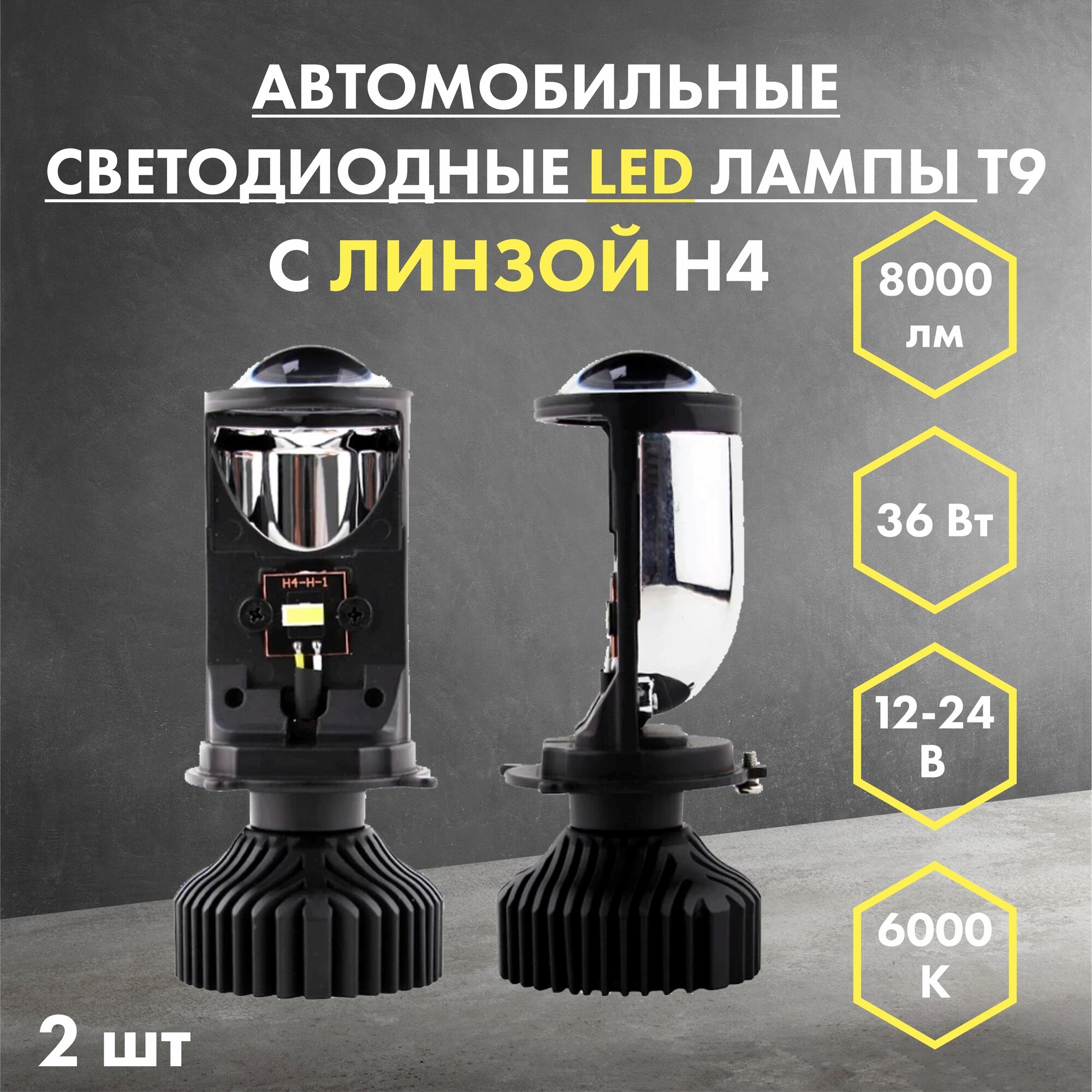 Автомобильные светодиодные LED лампы мини линзы bi led H4 6000 автосвет 2 шт для дальнего и ближнего света