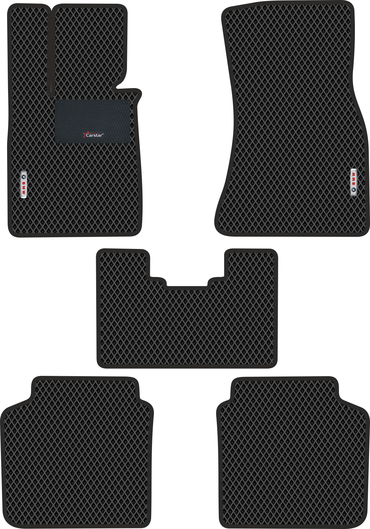 Автомобильные коврики EVA для BMW 7 VI G12 Long (2015-н/в) с каучуковым подпятником и 2 эмблемами BMW, чёрные с чёрным кантом, ячейка - ромб