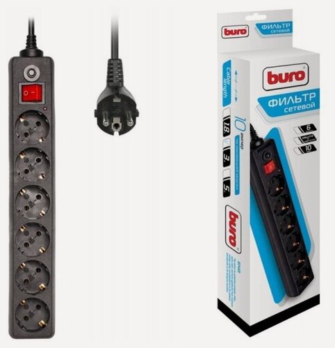 Изображение товара Сетевой фильтр Buro 600SH-1.8-B 1.8м (6 розеток) черный (коробка)