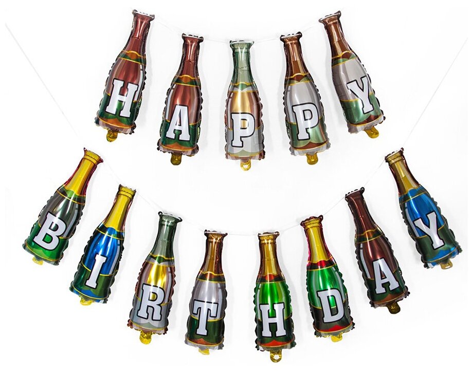 Воздушные шары фольгированные Falali фигурные, Гирлянда Бутылки Шампанского, пива (Шампанское, Пиво) + лента для крепления, 11х37 см