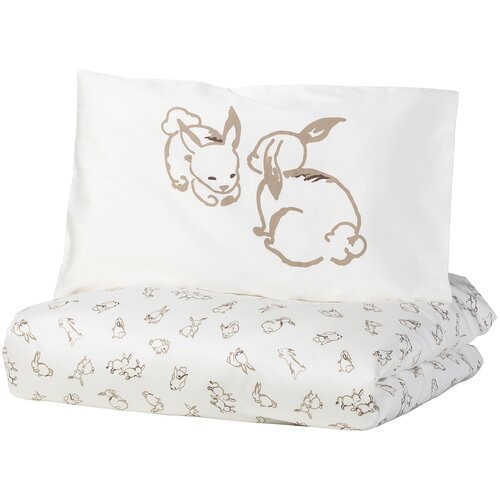 ИКЕА Комплект в кроватку РЁДХАКЕ, 2 предмета орнамент «кролики» белый/бежевый
