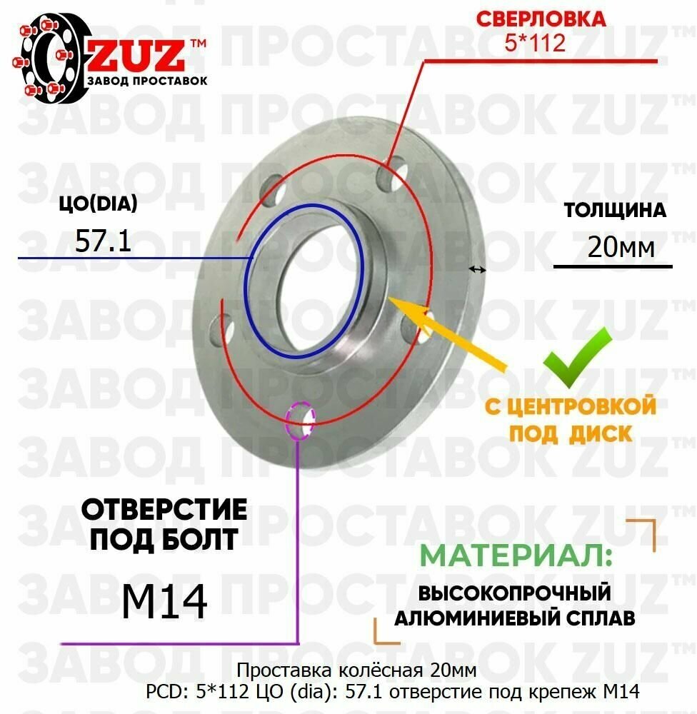 Проставка колёсная 1 шт 20мм PCD: 5*112 ЦО (DIA): 57,1 с бортиком отверстие под крепёж M14 на ступицу: Cupra Ford Lamborghini McLaren MG Seat Skoda