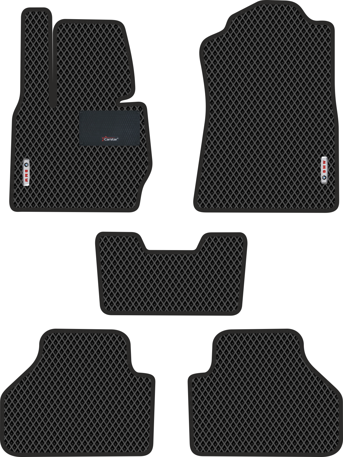 Автомобильные коврики EVA для BMW X3 II F25 (2010-2017) с каучуковым подпятником и 2 эмблемами BMW, чёрные с чёрным кантом, ячейка - ромб