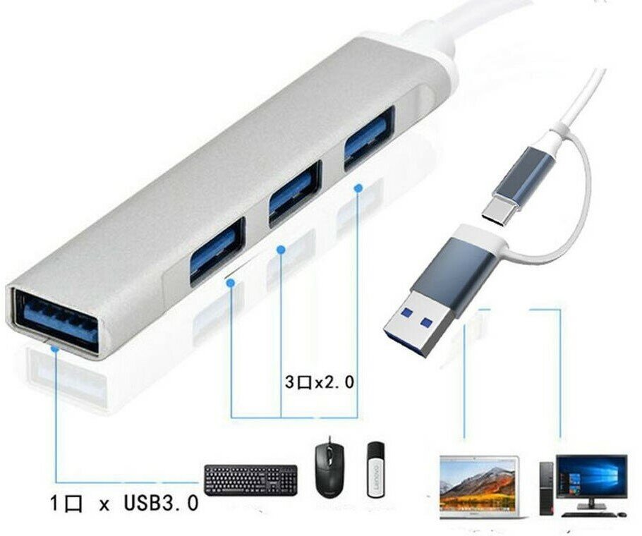 Высококачественный, компактный USB+Type-C ХАБ Rapture 757 (HUB 1X-USB 3.0 + 3X-USB 2.0) 105mm Хаб USB на 4x USB, Android, Apple, Windows, Linux