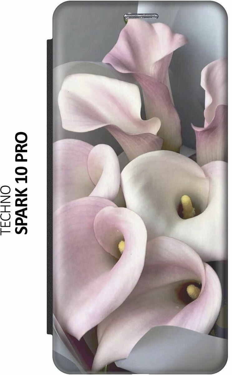 Чехол-книжка на Tecno Spark 10 Pro, Техно Спарк 10 Про c принтом "Розовые каллы" черный