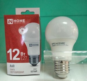 Лампа светодиодная IN HOME LED-A60-VC (4690612020242), E27, A60, 12 Вт, 4000 К
