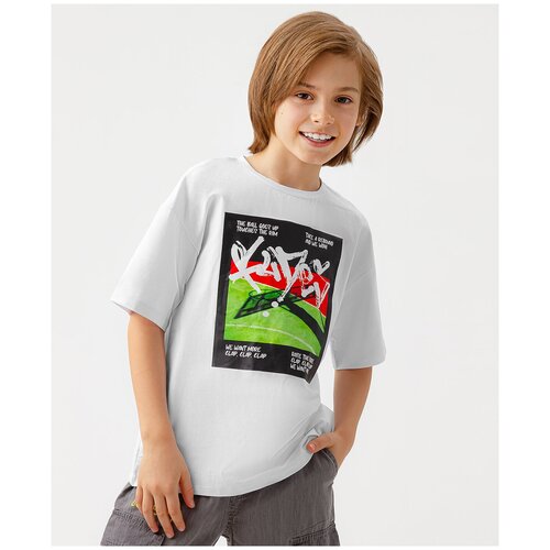 фото Футболка с коротким рукавом и крупным принтом белая button blue, размер. 146, мод.123bbbjc12090200