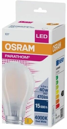 Лампочка светодиодная Osram 4W=40W 220V E27 Груша матовая A PARATHOM 470Лм Филаментная 4000K упаковка 1шт.