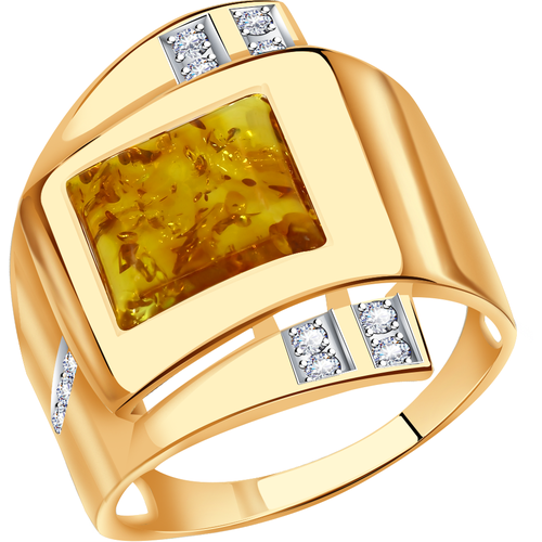фото Кольцо diamant online, золото, 585 проба, фианит, янтарь, размер 18.5
