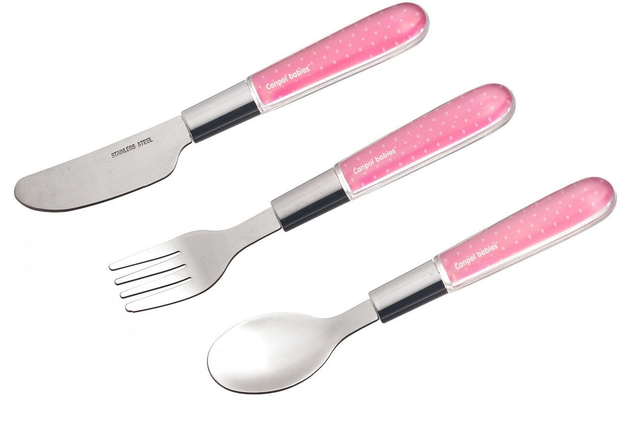Набор металлических столовых приборов: ложка, вилка, ножик Canpol Babies, 18+, розовый