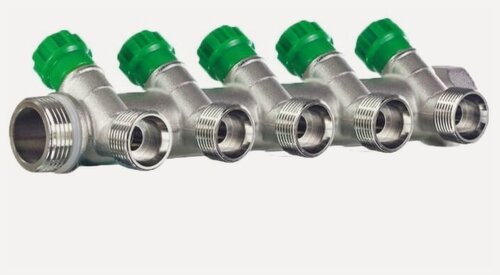 Изображение товара Распределительный регулировочный коллектор вентильный под 45гр. 1"-3/4"-5 отводов TIM MR135NE-1-5