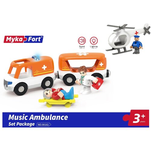 Деревянная железная дорога: Скорая помощь, поезд со звуком и светом и вертолет, машинки на магнитах, элемент детской железной дороги