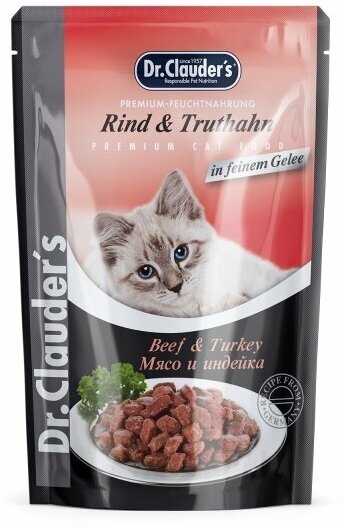 Dr. Clauder's влажный корм для кошек, с мясом и индейкой, кусочки в желе (12шт в уп) 85 гр