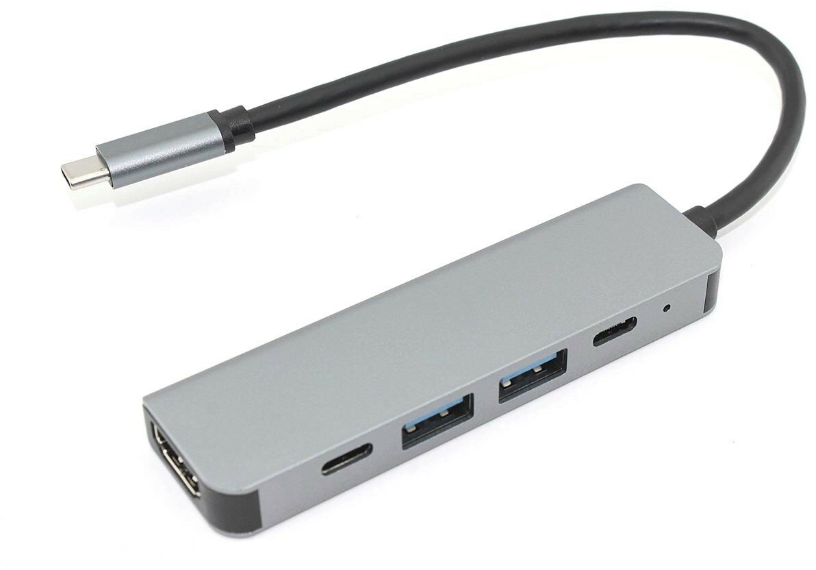 Адаптер Type C на HDMI, USB 3.0*2 + 2 Type-C для MacBook серый