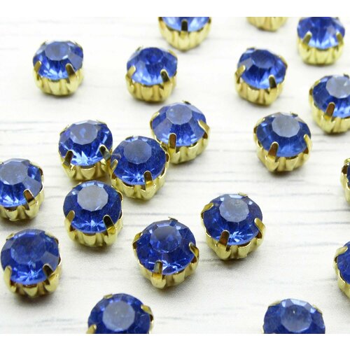 ЗЦ006НН88 Хрустальные стразы в металлических цапах (шатоны), размер: 8 мм, цвет: Светло-голубой, цвет оправы: золото, 15 шт/упак.