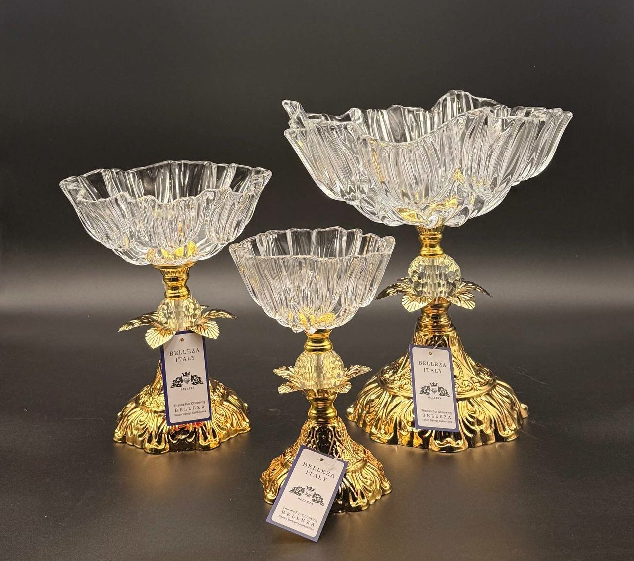 Багема . Комплект хрустальных ваза для фруктов и сладостей на декоративных металических ножках