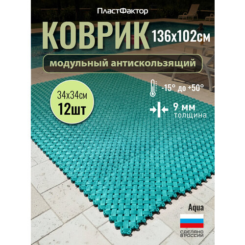 фото Антискользящий коврик aqua, 12 модулей, бирюзовый - для влажных зон: ванная, баня, бассейн, сауна пластфактор
