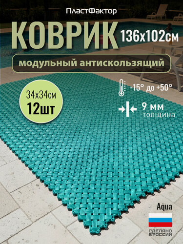 Изображение товара Антискользящий коврик Aqua, 12 модулей, бирюзовый - для влажных зон: ванная, баня, бассейн, сауна