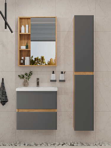 Изображение товара Шкаф-пенал подвесной Vannika Kanna для ванной комнаты, дуб вотан, графит софт