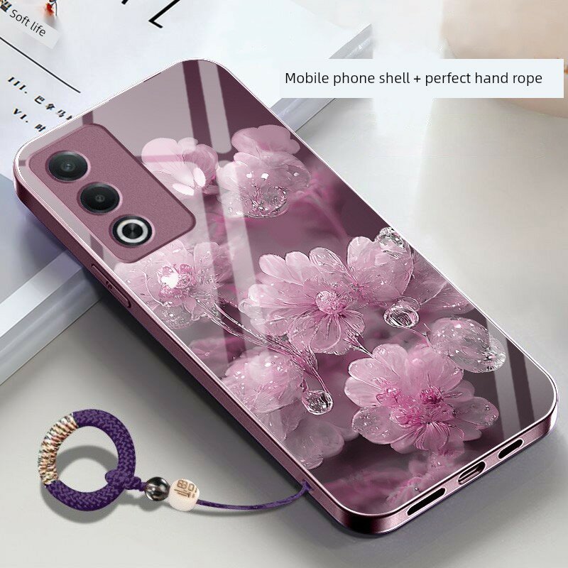 Чехол для OPPO A3 5G Active Edition с кристальным пурпурным цветком и запястным ремнем, цвет персик