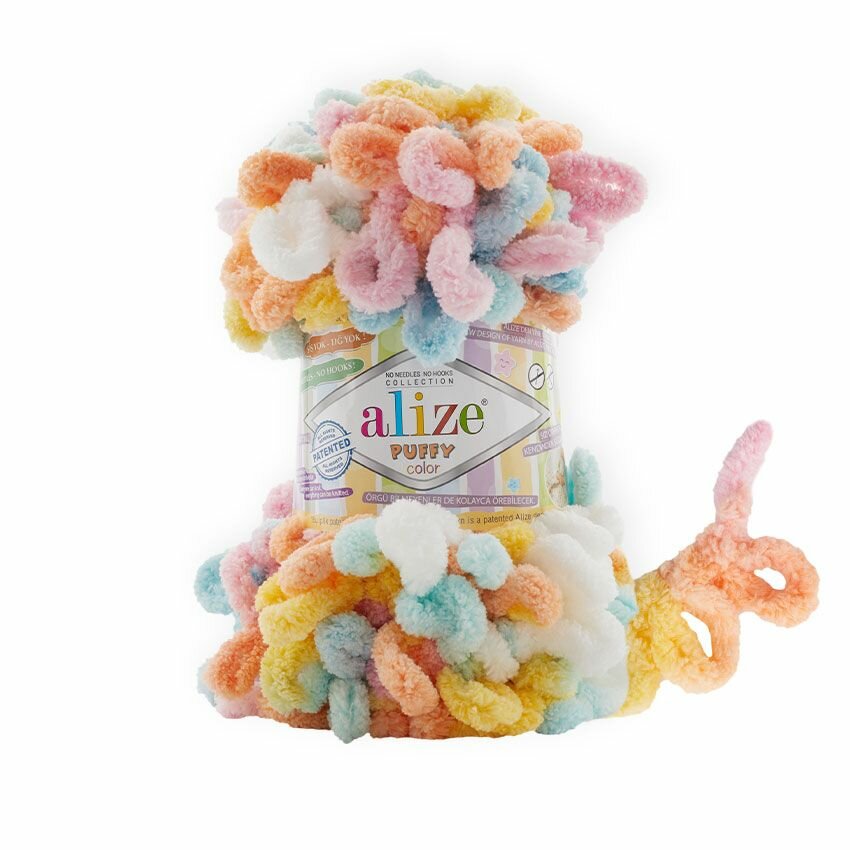 Пряжа для вязания Puffy Color Alize 1 моток (9 м, 100 гр), цвет 6521 розовый-желтый-белый-мята-персик