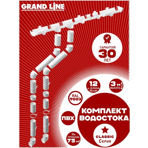 фото Комплект элементов водоотведения grand line на 12 м карниза (120мм/90мм) белый ( варианты: 9м+3м или 6м+6м ) водосточная система для крыши пластик гранд лайн ( ral 9003 пломбир ) комплект пвх