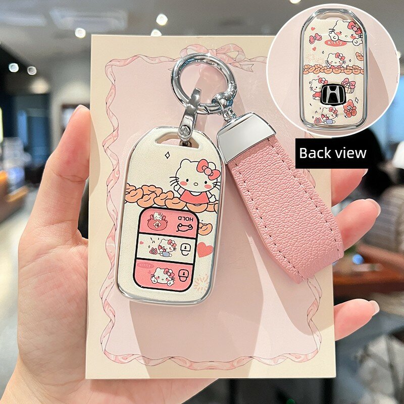 Защитный чехол для ключей Hello Kitty с коротким кожаным ремешком для Honda CR-V Civic