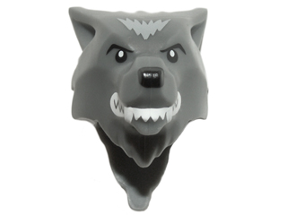 Minifigure, Head, Modified Wolf, Smooth Hair and Brow with Black Nose and Eyebrows, White Teeth and Fangs, Light Bluish Gray Fur Pattern, 20613pb01 Dark Bluish Gray U