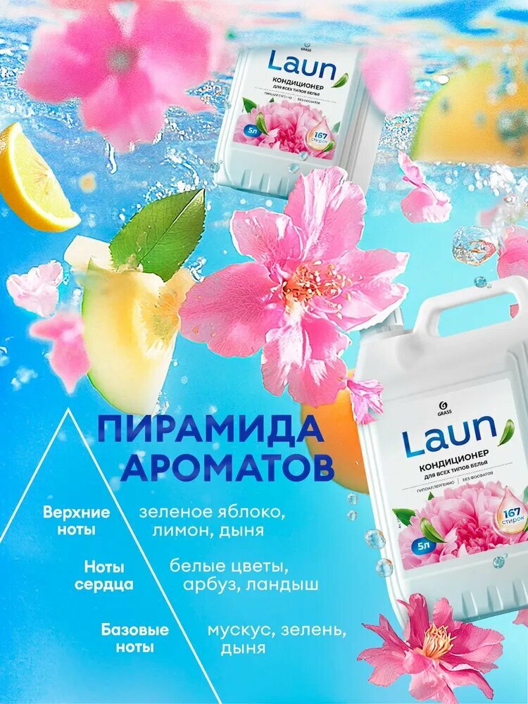 Кондиционер-ополаскиватель для белья от GRASS Laun Цветочное вдохновение 5л, 167 стирок, концентрированный, гипоаллергенный концентрат для всех типов тканей — фото 1