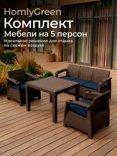 Изображение товара Садовая мебель. Комплект ViCtory Set 3+1+1+t+подушки темно-синего цвета