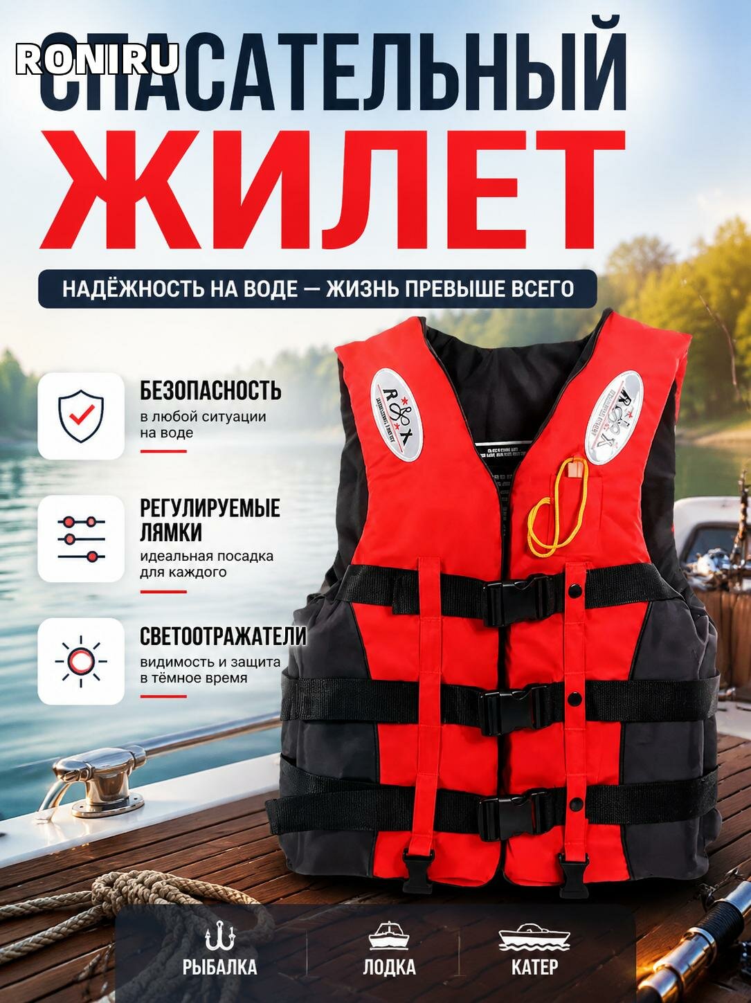 Спасательный жилет для взрослых для рыбалки, лодки и катера с регулируемыми лямками и светоотражателями на воде