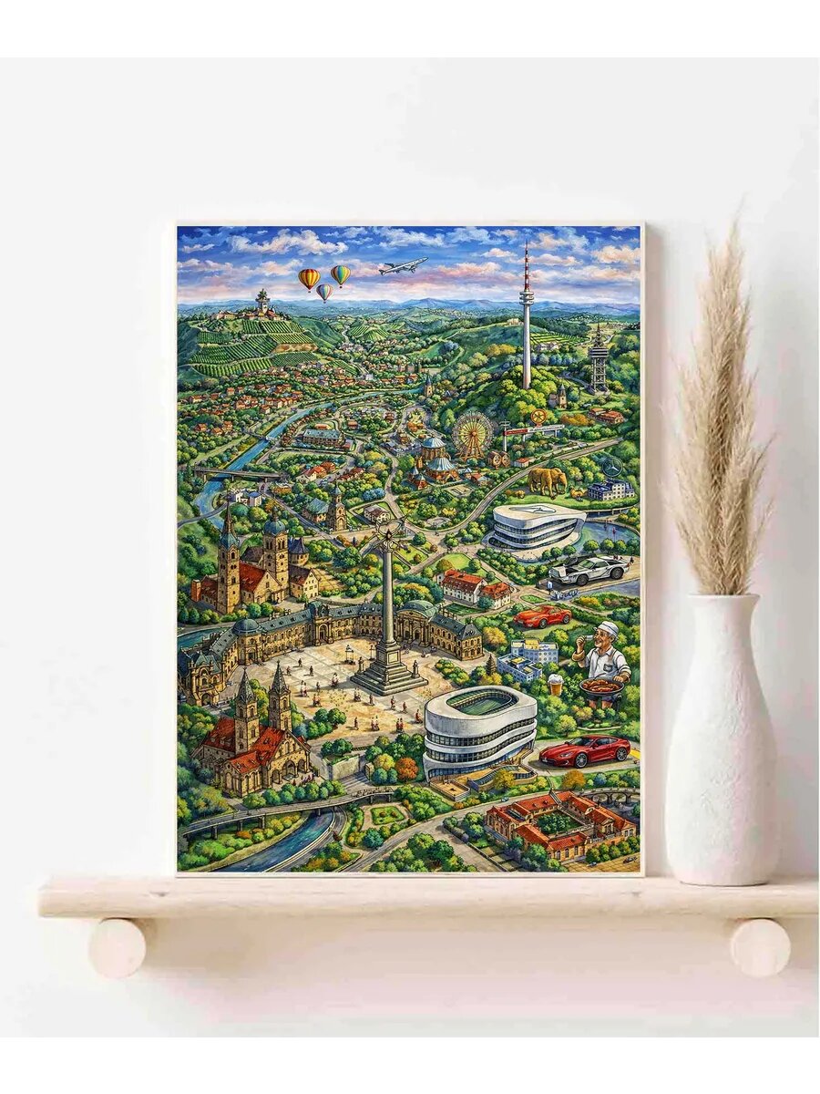 Штутгарт, Германия, Fantasy Map, Карта, Плакат 30x42см