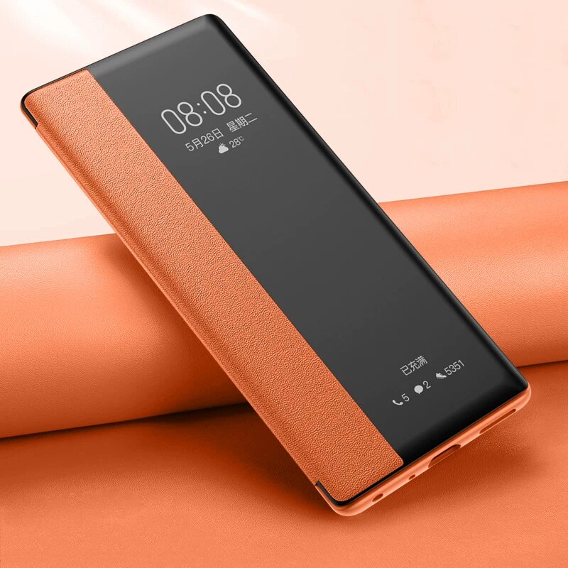 Премиальный кожаный флип-чехол для Honor 50 в цвете Закатный оранжевый с окном и функцией умного сна/пробуждения
