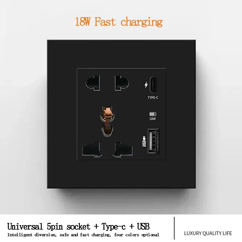 Розетка настенная 5pin USB Type-C 18W BLACK