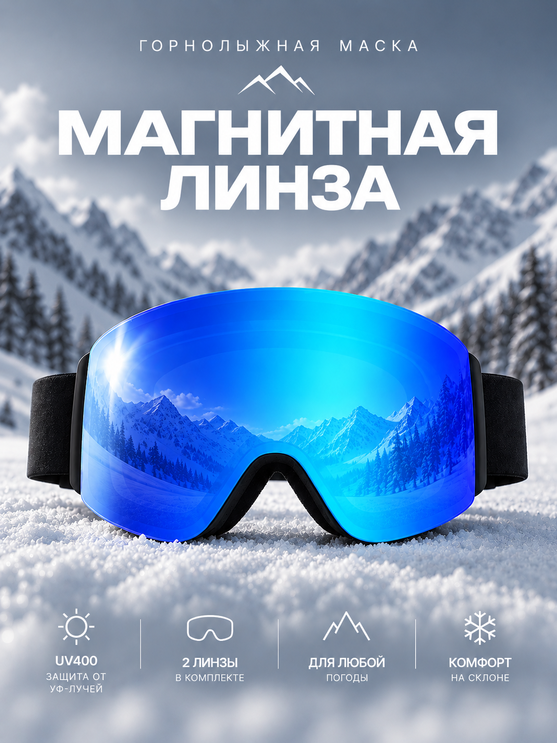Профессиональная Маска Горнолыжная с Магнитной линзой, Очки Горнолыжные, для сноуборда, Синие