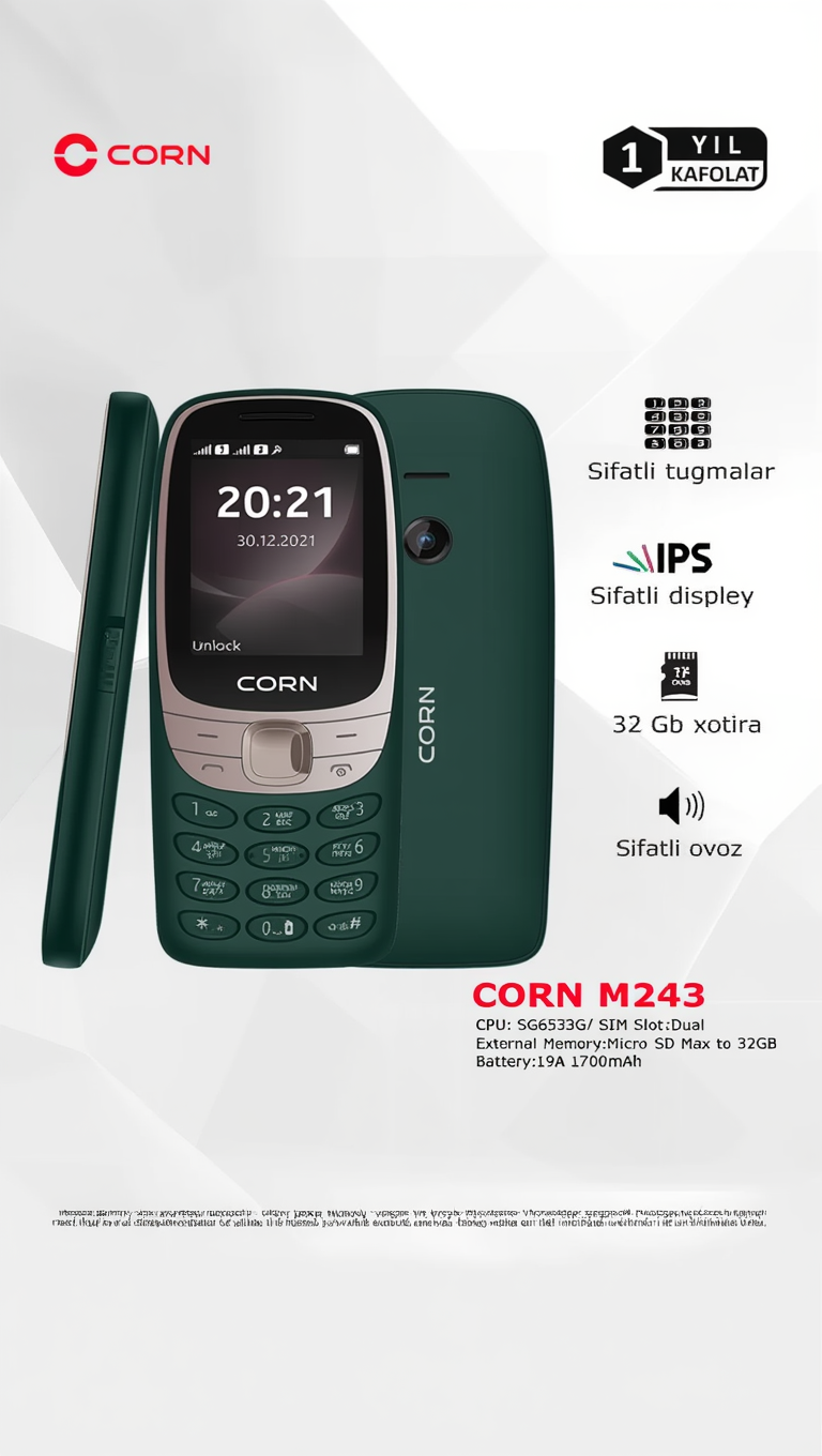 Кнопочный телефон CORN M243, зелёный, ёмкость аккумулятора 1700 мАч, 32GB Micro SD Max