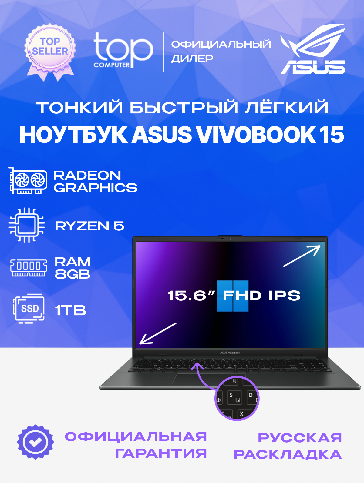 ASUS Vivobook Go 15 15.6"FHD; IPS/AMD Ryzen 5 7520U/8GB/SSD 1TB/noOS