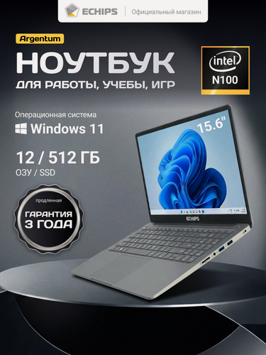 Изображение товара 15.6" Ноутбук ECHIPS Argentum Intel N100, 4 ядра, 12/512 ГБ SSD, IPS 1920Х1080, Intel UHD Graphics с ОС Windows 11 Home