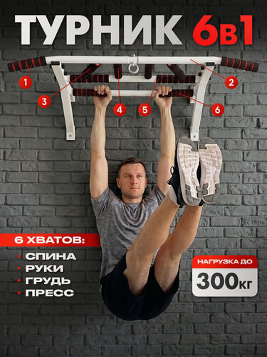 Изображение товара Турник Блин-Да-Гриф, настенный, мультихват, противоскользящие рукоятки, белый