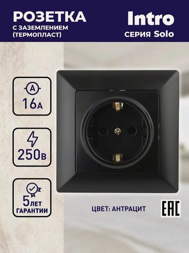 Изображение товара Розетка Intro Solo 4-202-05 с заземлением 2P+E Schuko 16А-250В IP20 скрытой установки черный