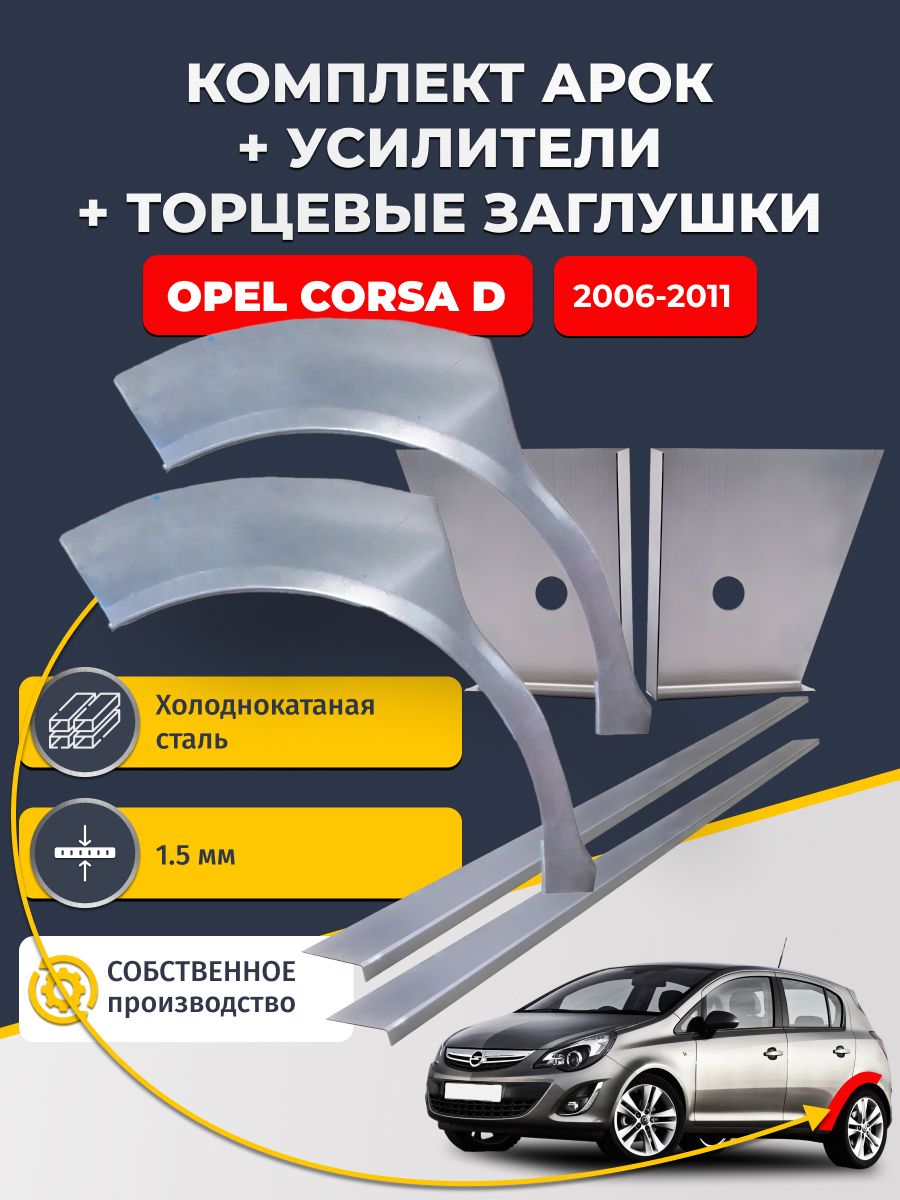 Комплект ремонтных задних арок (0,8 мм) + торцевые заглушки (1,5 мм) + усилители (1,5 мм) на Opel Corsa D 2006-2011 хэтчбек 5 дв (Опель Корса Д). Холоднокатаная сталь