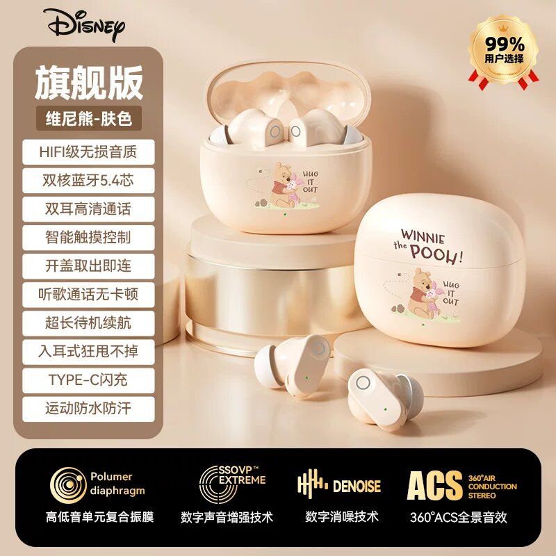 Беспроводные наушники Disney Winnie Bear с шумоподавлением, Bluetooth 5.4, длительный срок службы, бежевый