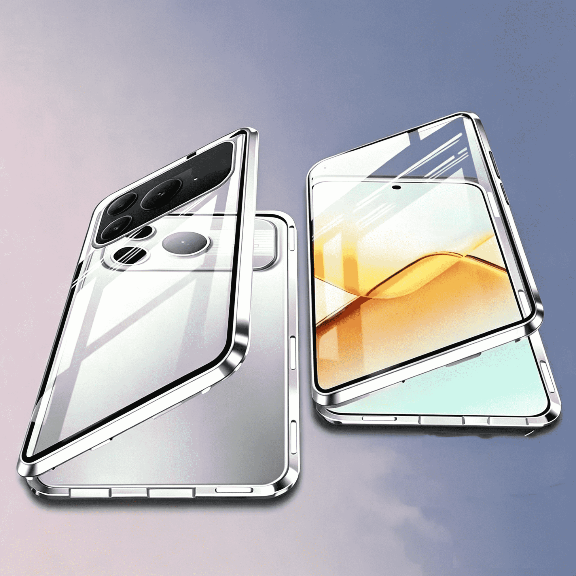 Чехол для Huawei Honor 600, Чехол Хонор 600, с магнитный металлический бампер, закаленное стекло и защита камеры, Серебро