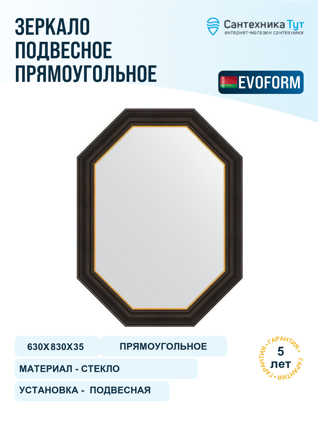 Зеркало Evoform Polygon 83х63 BY 7287 в багетной раме - Черное дерево с золотом 71 мм