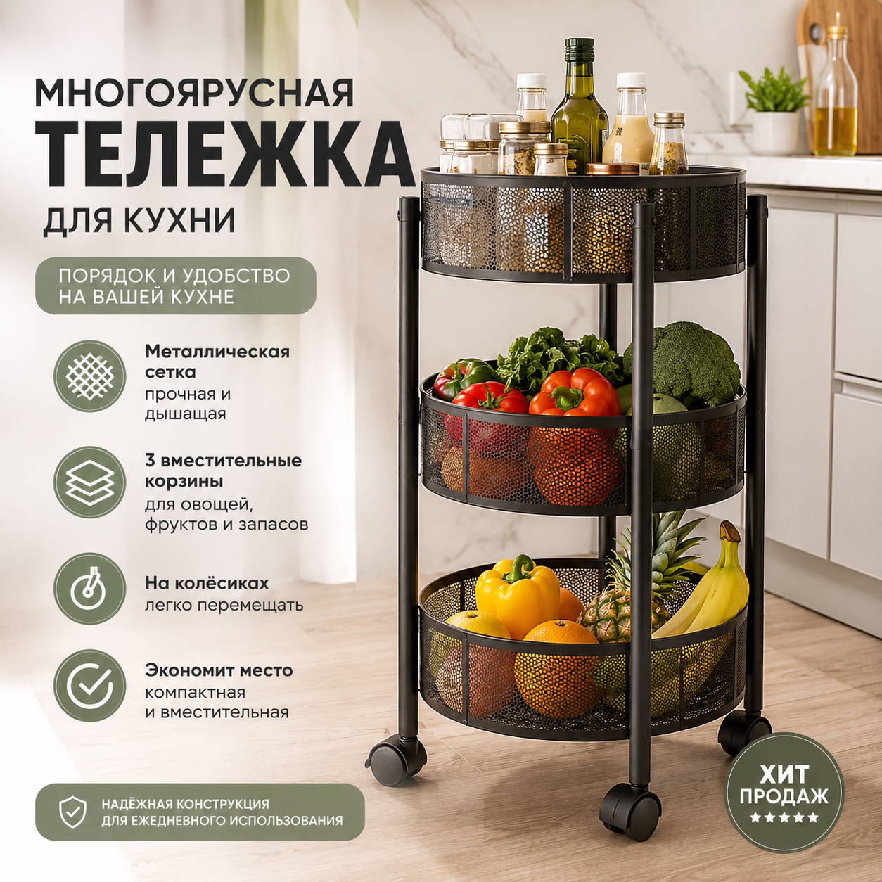 Этажерка квадратная, на колесиках, высота 45 см, трехуровневая, с поворотными полками, черный