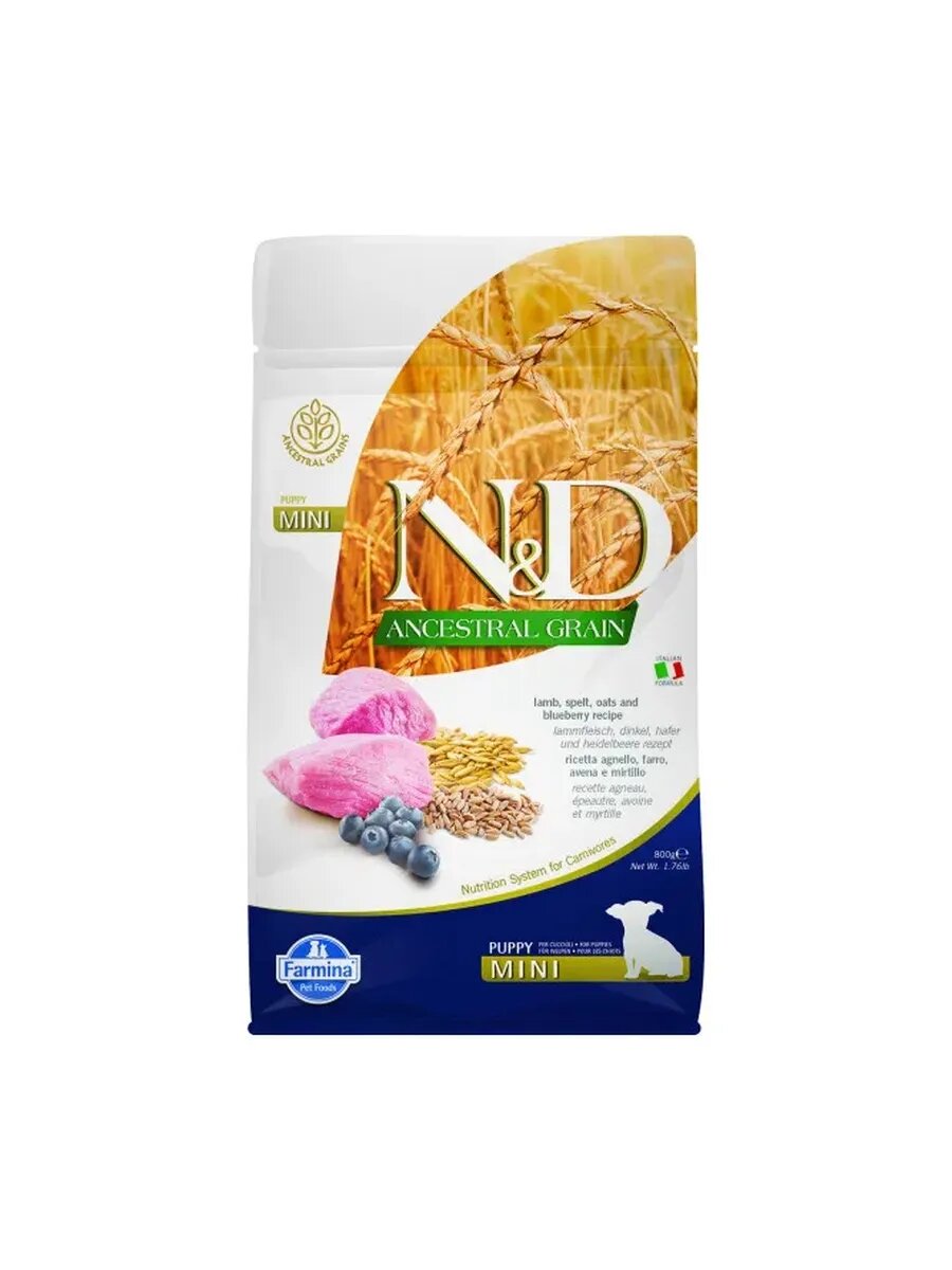 Корм N&D Ancestral grain низкозерновой щенки MINI ягненок черника 800г