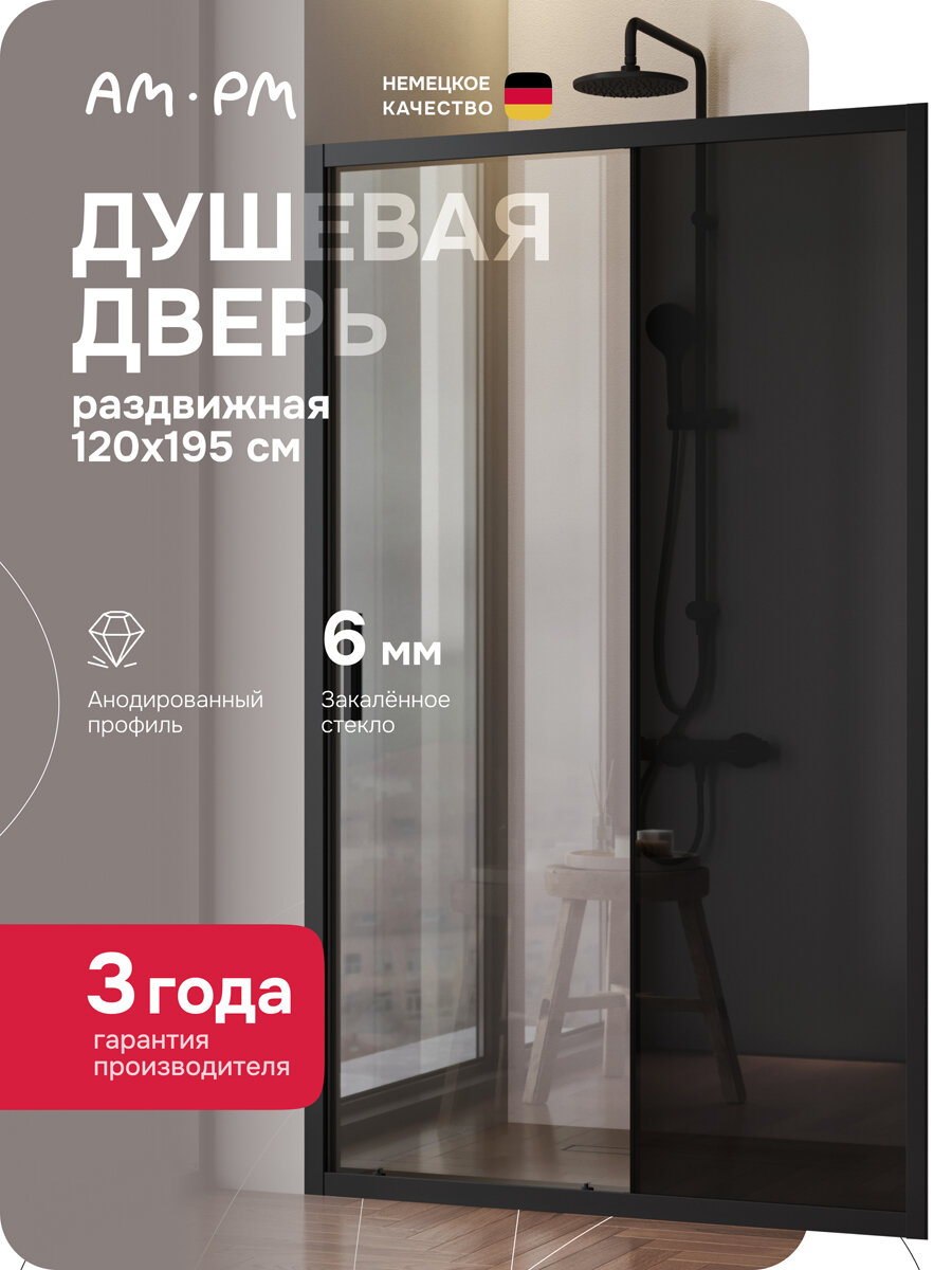 Дверь душевая в нишу AM.PM Gem Solo раздвижная, 120х195, стекло тонированное, профиль черный матовый