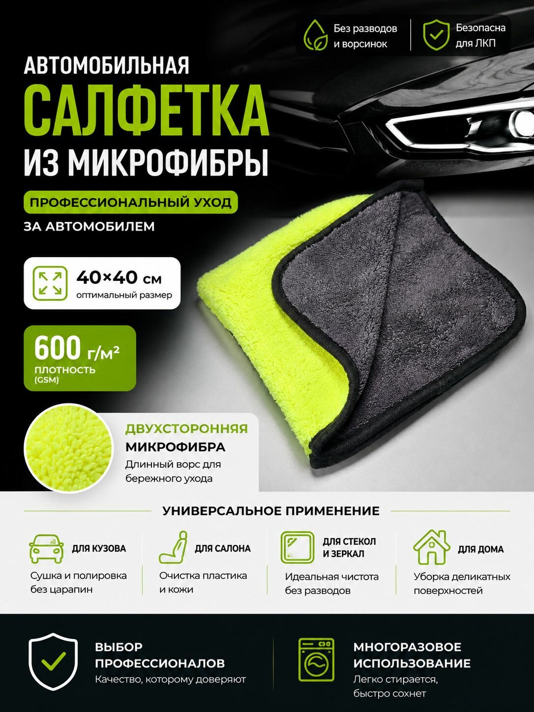 Салфетка микрофибровая автомобильная 40х40см 600гр/м серая