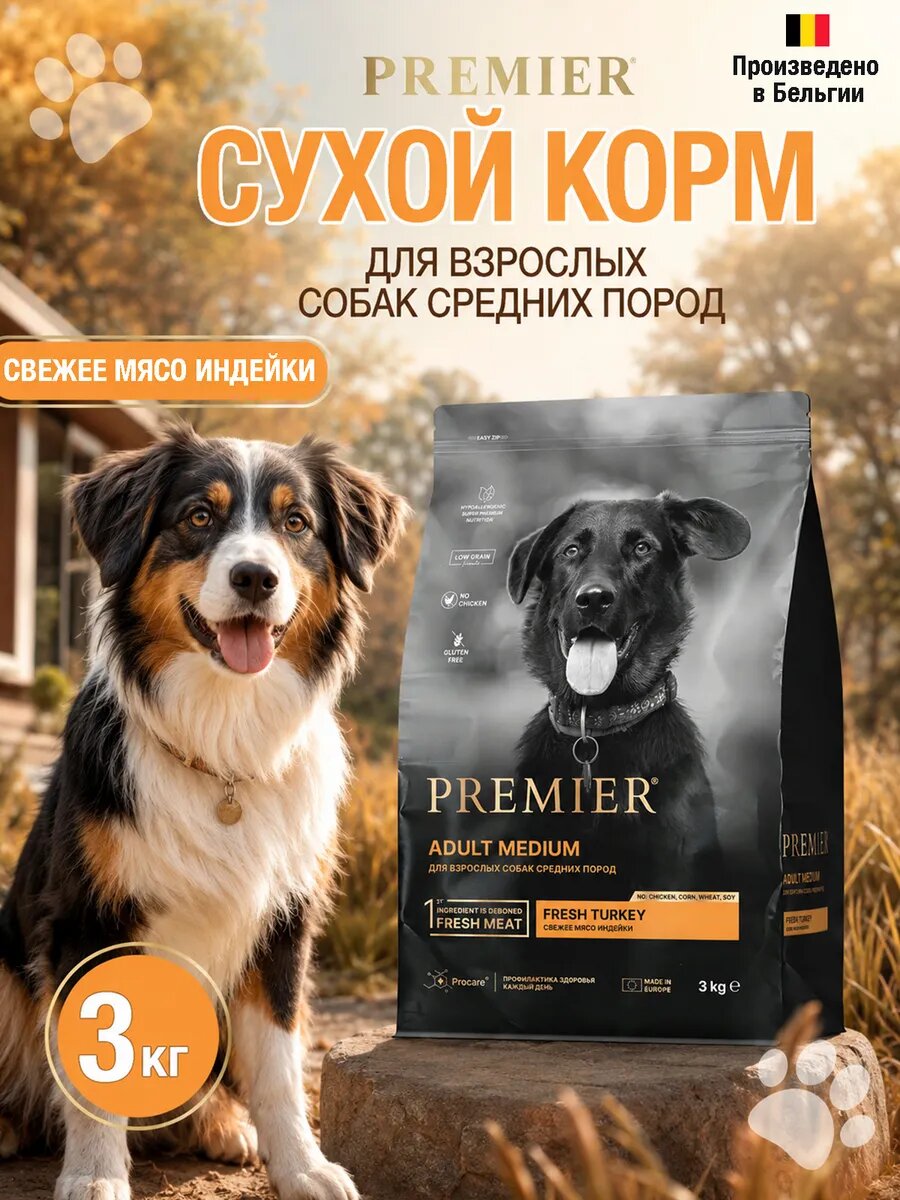 Сухой корм для взрослых собак средних пород Premier Fresh Turkey ADULT Medium 3 кг.